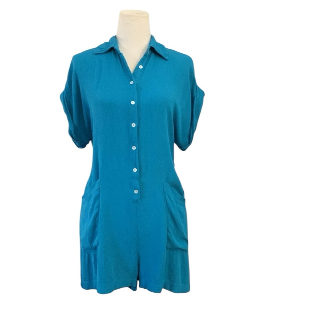 Elan short sleeve collared button front romper